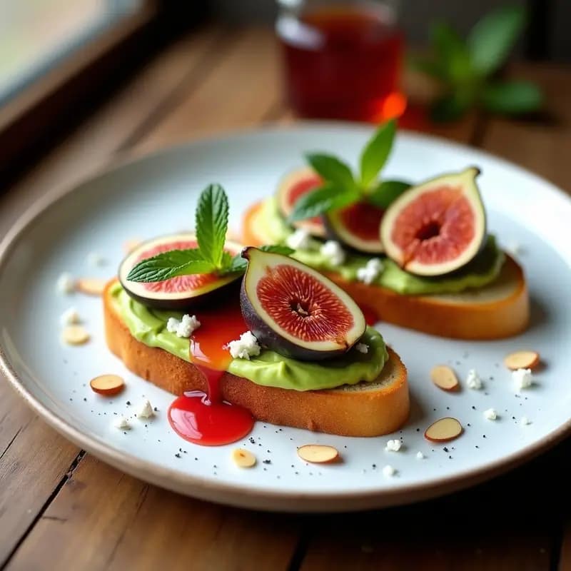 Tostadas de pan integral crujiente con crema de aguacate verde, higos frescos abiertos, queso de cabra desmenuzado, almendras tostadas y hojas de menta, bañadas con vinagre de frambuesa y miel de lavanda, servidas en un plato blanco sobre fondo rústico de madera.