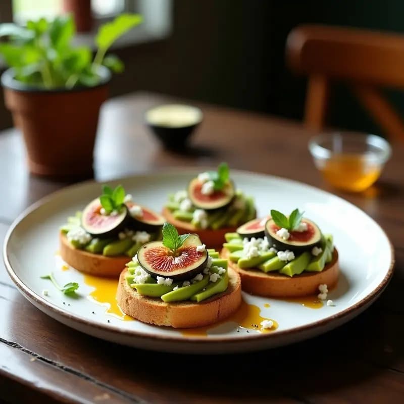Tostadas de pan de maíz azul crujiente con aguacate cremoso, rodajas de higos frescos, vinagreta brillante de miel de agave, queso fresco desmenuzado y hojas de cilantro, servidas en un plato blanco rústico con fondo de madera oscura.