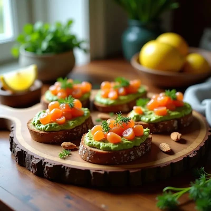 Tostadas de pan de centeno crujiente con capas de aguacate cremoso, queso crema, huevas de salmón ahumadas y almendras tostadas, decoradas con eneldo y cebollino fresco, servidas en una tabla de madera rústica.