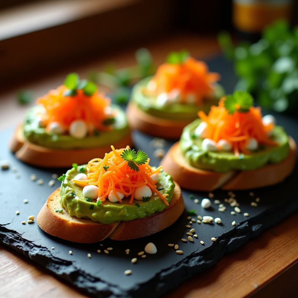 Tostadas doradas de pan integral con crema de aguacate verde, cubiertas de queso fresco blanco, huevas de tobiko naranja brillante y semillas de sésamo, decoradas con cilantro fresco. Plato de fusión japonesa-mexicana listo en 8 minutos.