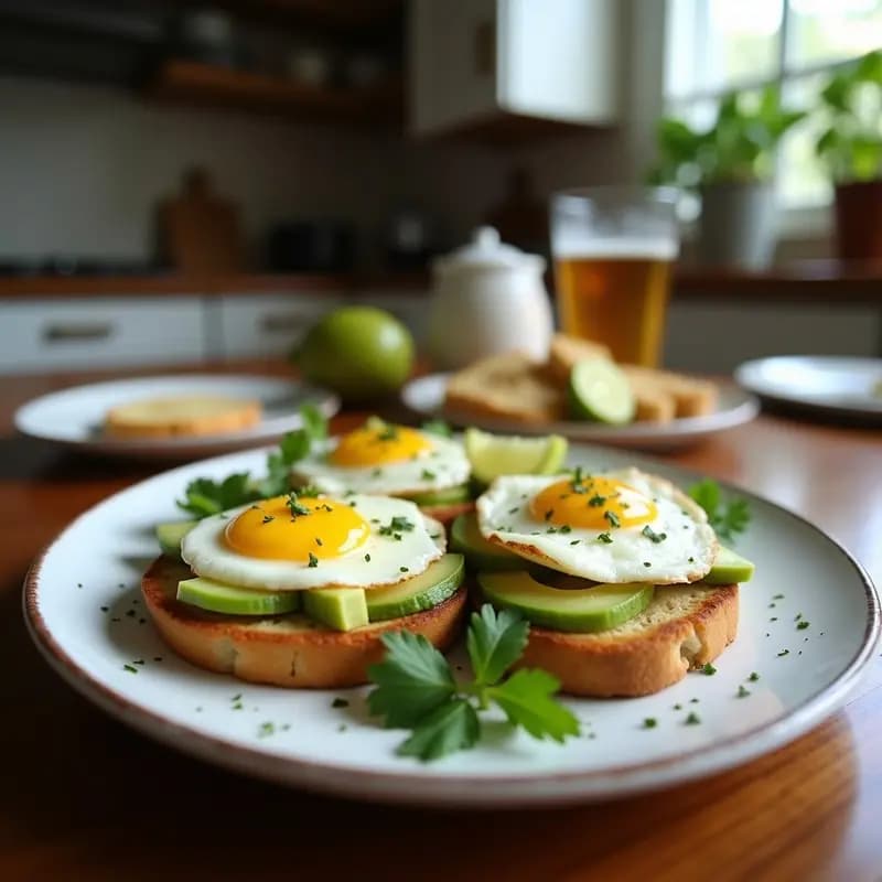 Tostadas doradas con rodajas de aguacate cremoso, huevo frito con yema líquida y queso cheddar fundido gratinado, decoradas con cebolla morada y cilantro fresco, servidas en un plato rústico para un desayuno mexicano contundente.