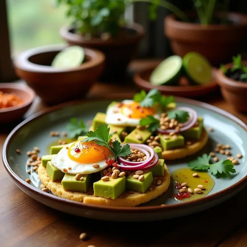 Tostadas doradas de pan bolillo integral con crema de aguacate verde, huevos de codorniz pochados de yema líquida, espolvoreadas con chile de árbol triturado, semillas de girasol y calabaza, y cilantro fresco. Plato de desayuno mexicano saludable y alto en proteína.