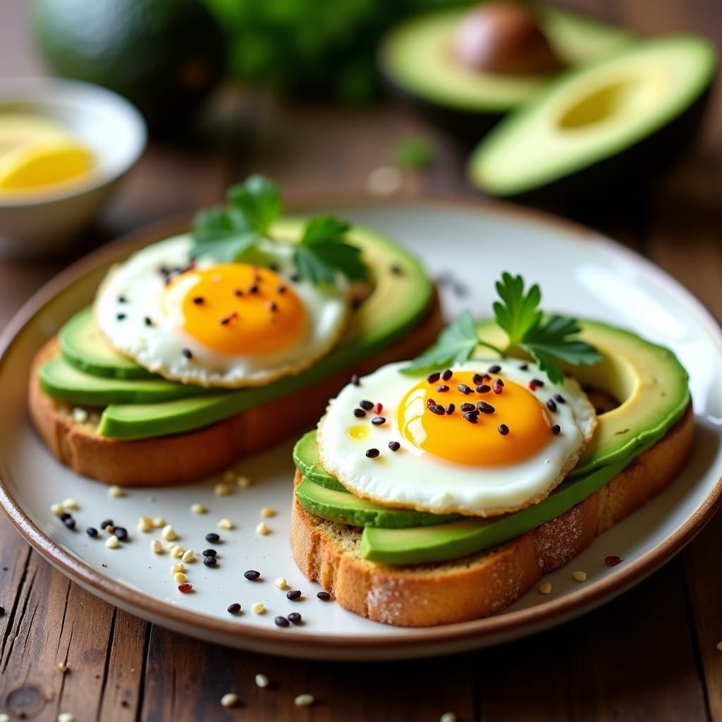 Tostadas doradas de pan keto cubiertas con láminas de aguacate verde, huevos pochados con yema líquida, semillas de sésamo negro y blanco, y hojas de cilantro fresco. Plato de desayuno saludable y alto en proteína.