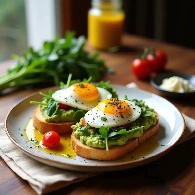 Plato con dos tostadas de tortilla de maíz azul crujientes, cubiertas con láminas de aguacate verde brillante, huevos pochados con yema líquida y salsa bearnaise cremosa. Decorado con perejil, cilantro y semillas de sésamo tostadas sobre fondo rústico de madera.