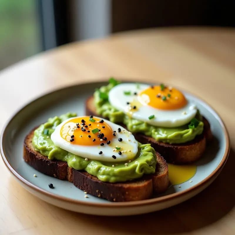 Tostadas de pan de centeno dorado con puré de aguacate verde brillante, huevos ochenta cortados por la mitad mostrando yema cremosa, espolvoreados con semillas de sésamo negro y blanco, cebollino picado y un hilo de aceite de sésamo. Desayuno japonés fusion saludable y alto en proteína.