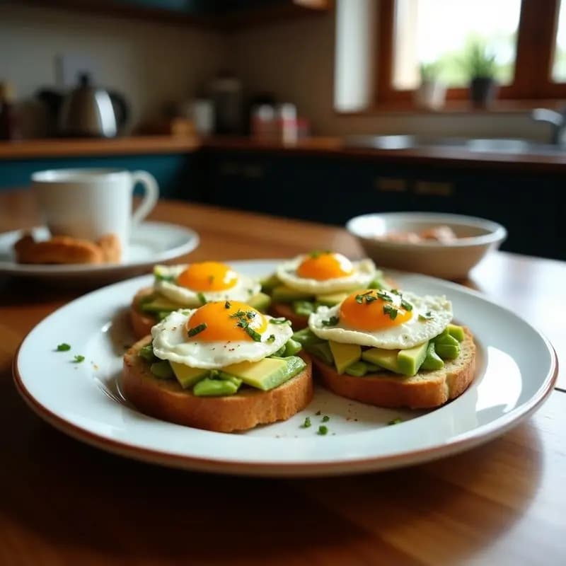 Tostadas doradas de pan de pita integral con crema de aguacate verde brillante, huevos pochados de yema líquida y espolvoreadas con especias zaatar, semillas de sésamo y cilantro fresco. Plato de desayuno mexican-árabe fusion servido en un plato rústico de barro con fondo borroso.