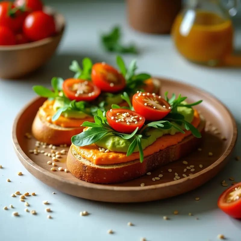 Tostadas crujientes de pan sin gluten con capas de hummus picante, aguacate cremoso, rúcula fresca, tomate cherry y semillas de sésamo, servidas en un plato de madera.