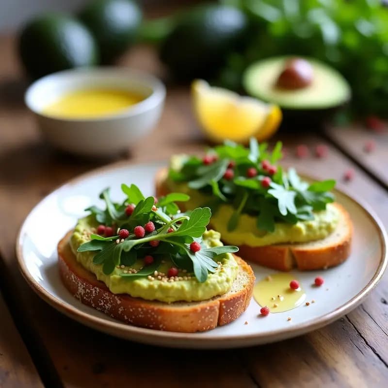 Tostadas crujientes de pan integral con capas de hummus cremoso, aguacate machacado, rúcula fresca, semillas de sésamo y pimienta rosa, receta vegana rápida.