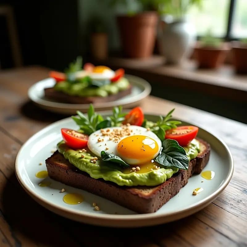 Plato con dos tostadas de pan de algarroba dorado, cubiertas con crema de avocado verde, huevo poché con yema líquida, tomates cherry rojos, brotes de espinaca fresca y semillas de sésamo. Desayuno sin gluten y alto en fibra sobre fondo rústico de madera.