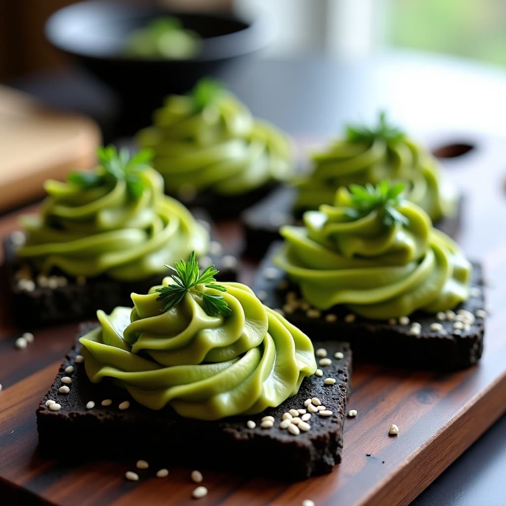 Tostadas triangulares de pan de algas nori crujientes con semillas de sésamo, servidas con guacamole cremoso de edamame verde, decoradas con cebollino y wasabi, aperitivo japonés sin gluten sobre tabla de madera oscura.