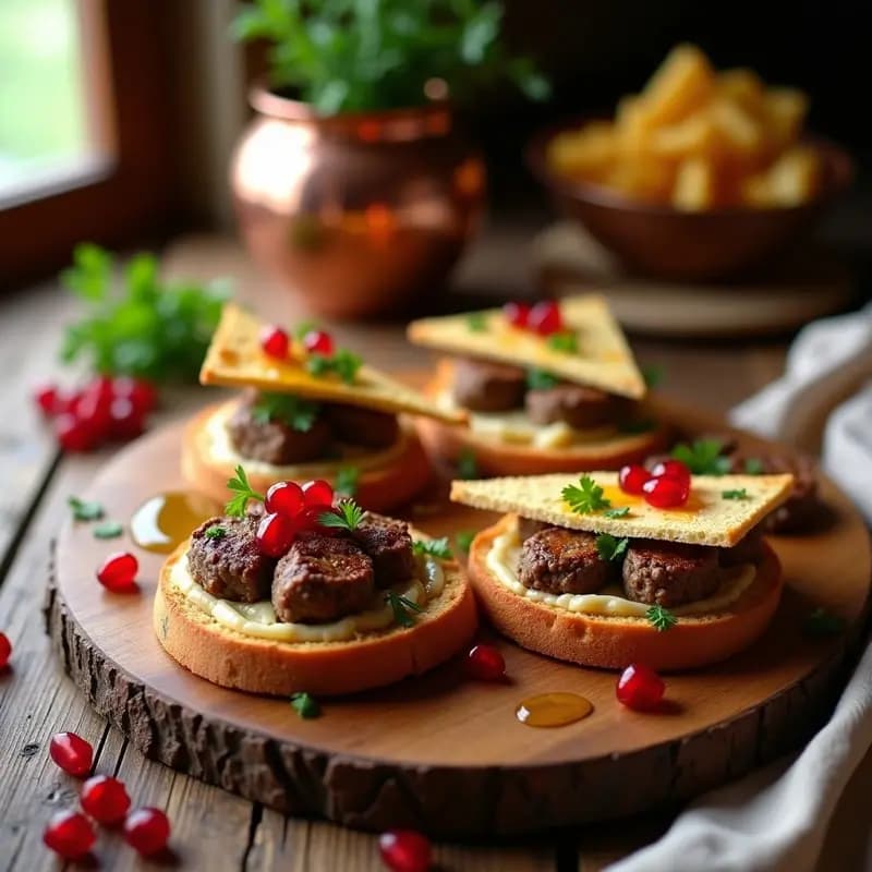 Tostadas árabes doradas y crujientes con una capa cremosa de mutabal, albóndigas de cordero especiadas y semillas de granada rojas, servidas en una tabla de madera rústica con hierbas frescas.