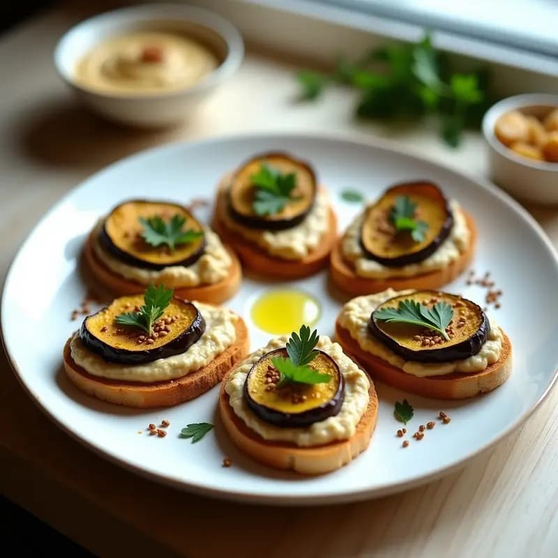 Plato blanco con tostadas de avena doradas y crujientes, cubiertas con hummus cremoso, rodajas de berenjena asada y decoradas con perejil fresco, semillas de sésamo y un hilo de aceite de oliva. Receta de tostadas de avena con hummus y berenjena.