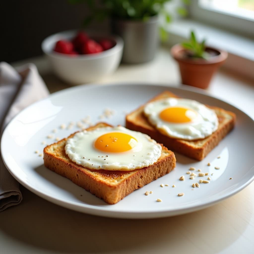 Plato blanco con dos tostadas doradas de avena y plátano, coronadas con huevos esponjosos y semillas de chía, desayuno alto en proteína.