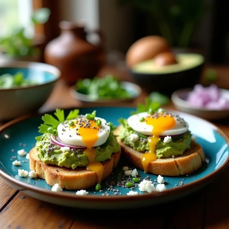 Tostadas doradas de pan integral con capas de aguacate cremoso, huevos poché de yema líquida, aderezo de yogur griego con cilantro y semillas de chía tostadas espolvoreadas, desayuno mexicano alto en proteínas.