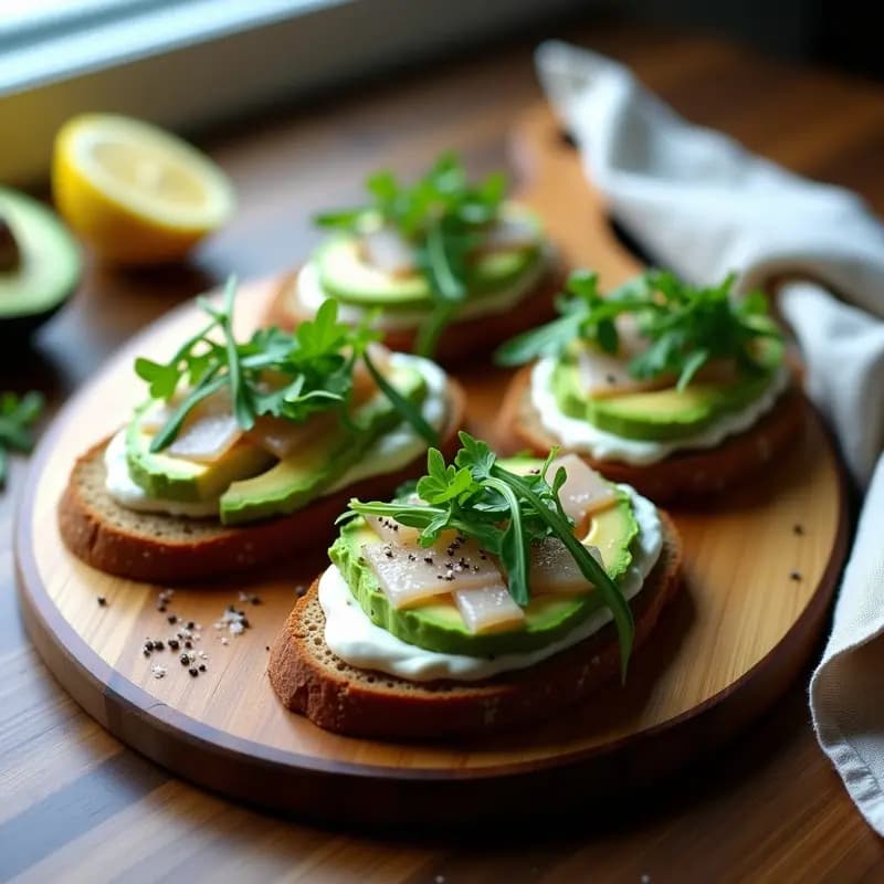 Tostadas de pan de centeno oscuro con capas de queso crema, aguacate triturado, bacalao ahumado desmenuzado, rúcula baby, eneldo fresco y cebollino, servidas en una tabla de madera rústica.