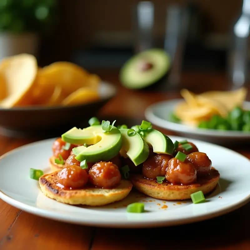 Tostadas de pan integral crujiente con crema de aguacate verde, trozos de caballa ahumada, queso fresco desmenuzado, tomates cherry rojos y semillas de sésamo, servidas en una tabla de madera rústica.