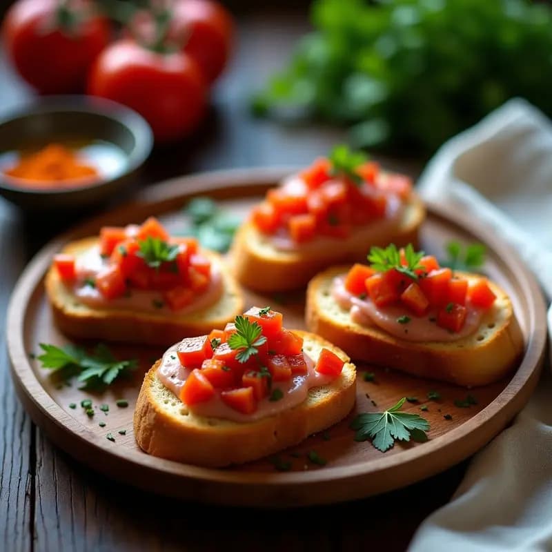 Cuatro tostadas calentanas con pan rústico dorado, cubiertas de pimientos del piquillo asados, tomate picado, ventresca de atún desmenuzada y perejil fresco, dispuestas en un plato de madera con aceite de oliva virgen extra.