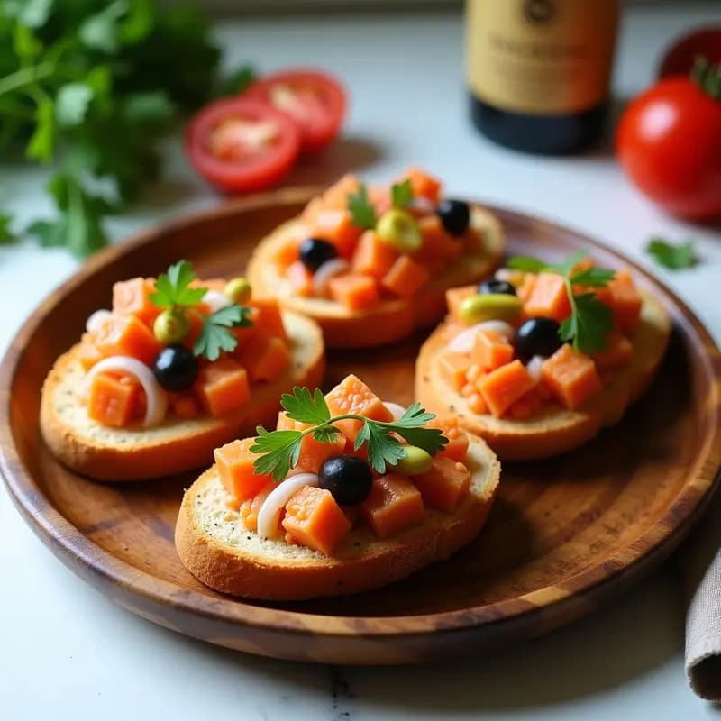 Tostadas camperas con ventresca de atún servidas en plato de madera, con pan crujiente, mezcla de atún, huevo, pimiento y cebolla morada, decoradas con perejil fresco.