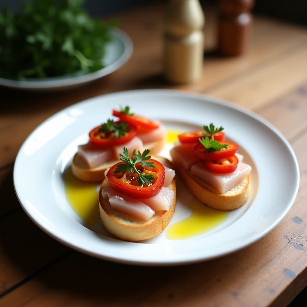 Plato blanco con tostadas Canaán doradas y crujientes, cubiertas con ventresca de atún desmenuzada, tiras de pimientos del piquillo asados, perejil fresco y un chorrito de aceite de oliva virgen extra.
