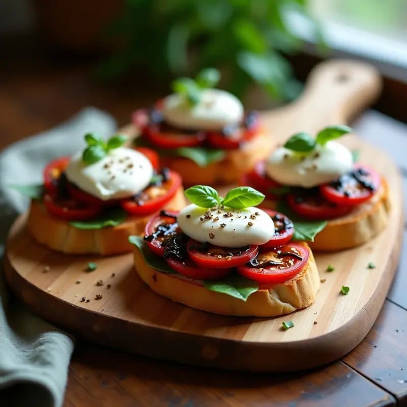 Tostadas Caprese con Tomate Negro y Queso Burrata: Receta Italiana Gourmet en 10 Minutos
