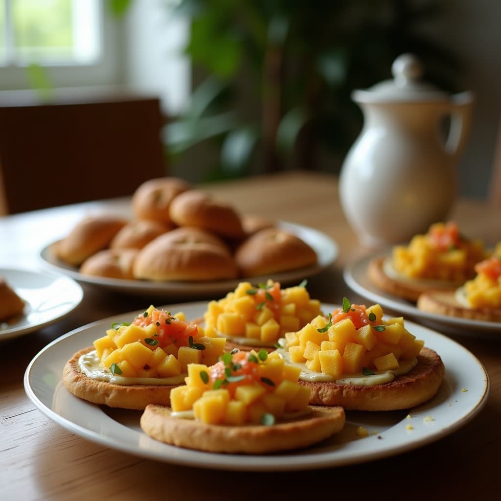 Tostadas doradas de pan de cassava con una generosa capa de pâté oscuro de aceitunas y alcaparras, decoradas con tomates cherry rojos y hojas de albahaca fresca sobre un plato de madera rústica. Receta sin gluten brasileña con toque mediterráneo.