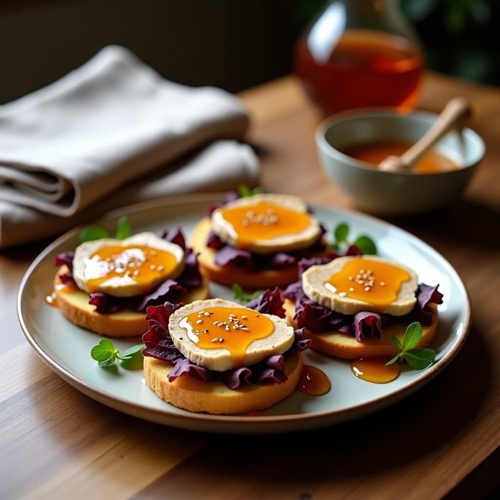 Tostadas doradas de pan de cassava con una capa cremosa de paté de hígado de pollo, decoradas con hojas de lechuga morada, un hilo brillante de miel de ají y semillas de sésamo. Plato de desayuno sin gluten y alto en hierro.