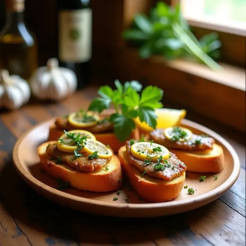 Tostadas catalanas doradas con filetes de sardinas en escabeche, decoradas con perejil fresco y rodajas de limón sobre un plato de madera rústica.