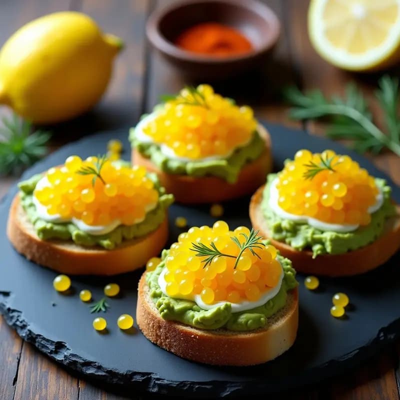 Tostadas doradas con capa cremosa de aguacate y queso, coronadas con caviar de limón ahumado y eneldo fresco, servidas en plato de pizarra.