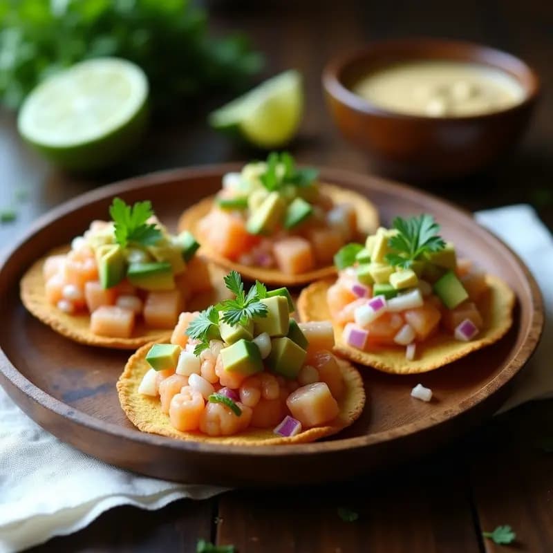 Tostadas crujientes de maíz con cebiche de camarón marinado en leche de tigre, aguacate en cubos, huevo duro picado y salsa tigre cremosa, decoradas con cilantro fresco sobre un plato de madera rústico.