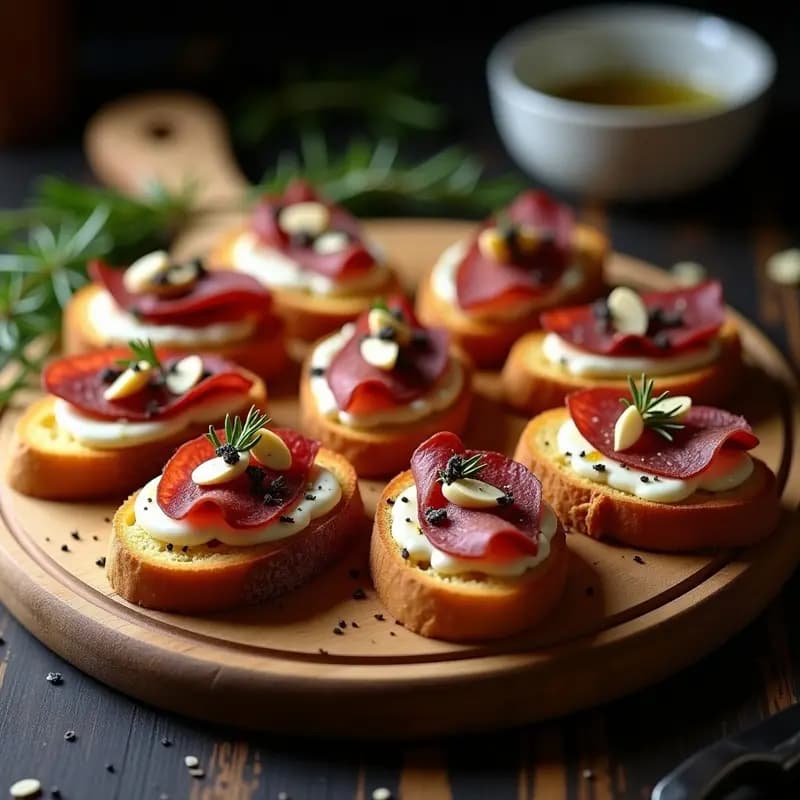 Tostadas de pan de cristal crujiente con láminas de cecina de León, queso brie derretido, virutas de trufa negra, almendras fileteadas y un hilo de aceite de oliva y miel de romero. Receta viral de aperitivo gourmet.
