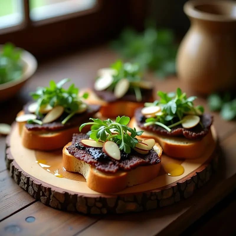 Tostadas de pan de cristal crujiente con cecina de ternera, láminas de queso manchego, rúcula fresca, almendras fileteadas y trufa negra laminada, servidas en una bandeja rústica de madera.