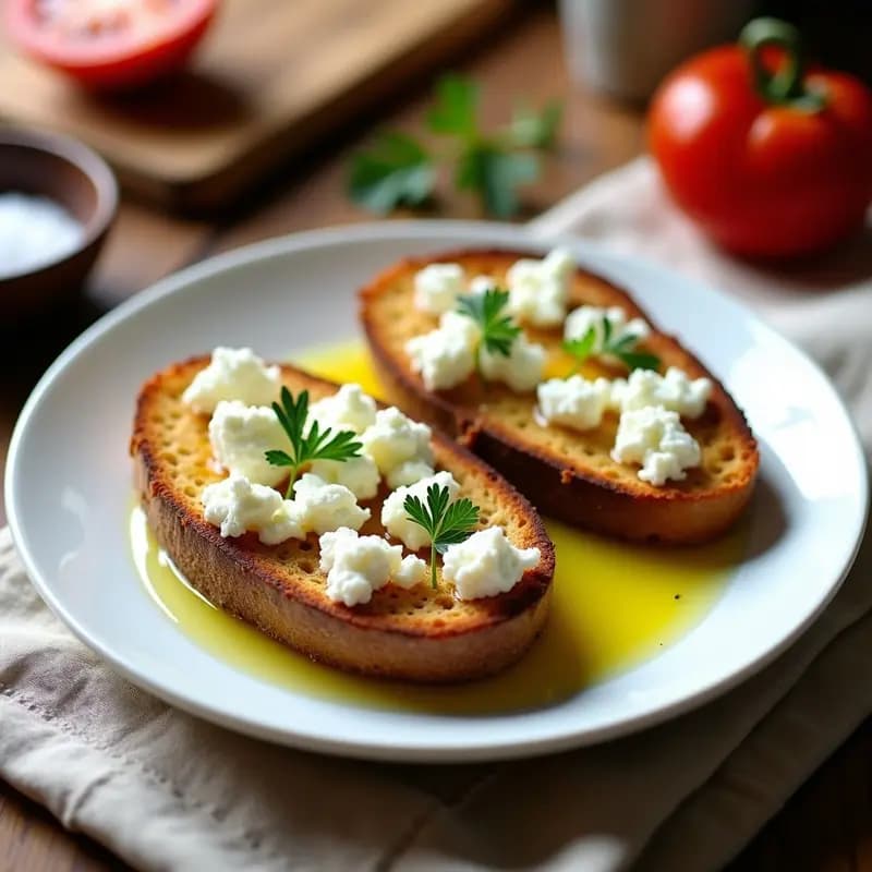 Dos tostadas doradas de pan de centeno con queso fresco desmenuzado, aceite de oliva virgen extra brillante, tomate frotado y perejil fresco picado, servidas en un plato blanco rústico sobre una mesa de madera. Receta de desayuno saludable en 5 minutos.