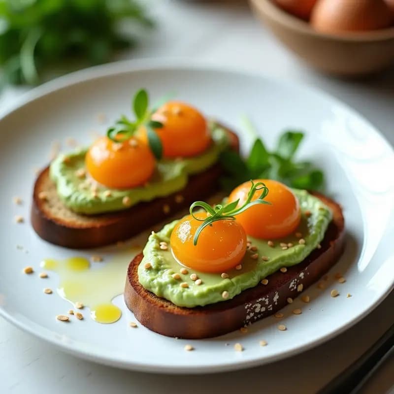 Plato blanco con dos tostadas de pan de centeno sin gluten crujientes, cubiertas con crema de aguacate verde suave, huevas de lumpo naranjas brillantes, semillas de sésamo, cebollino picado y hojas de rúcula. Fondo minimalista con un hilo de aceite de oliva.