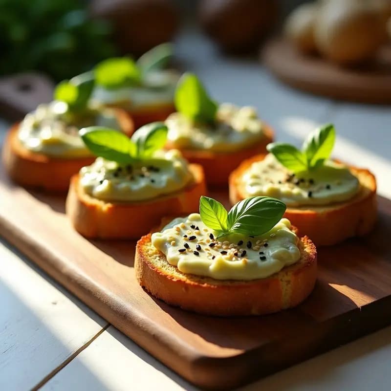 Tostadas de pan de centeno doradas con una capa cremosa de puré de alcachofa, coronadas con aceitunas Taggiasche picadas y perejil fresco. Aperitivo italiano keto sobre tabla de madera rústica.
