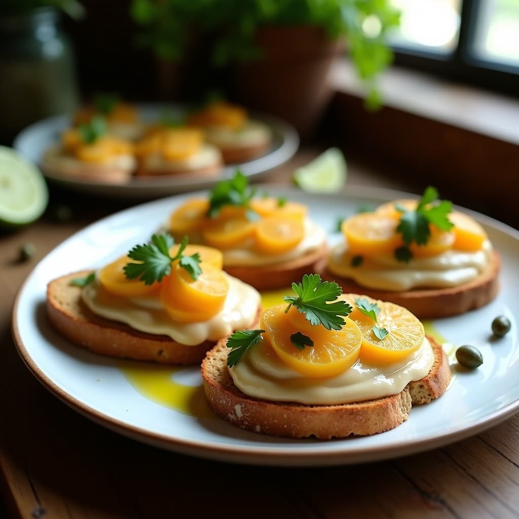 Tostadas doradas de pan de centeno con una capa cremosa de anchoas y encima ceviche de palmito en rodajas finas, decorado con cilantro fresco y un hilo de aceite de oliva. Plato listo para servir como entrante peruano keto.
