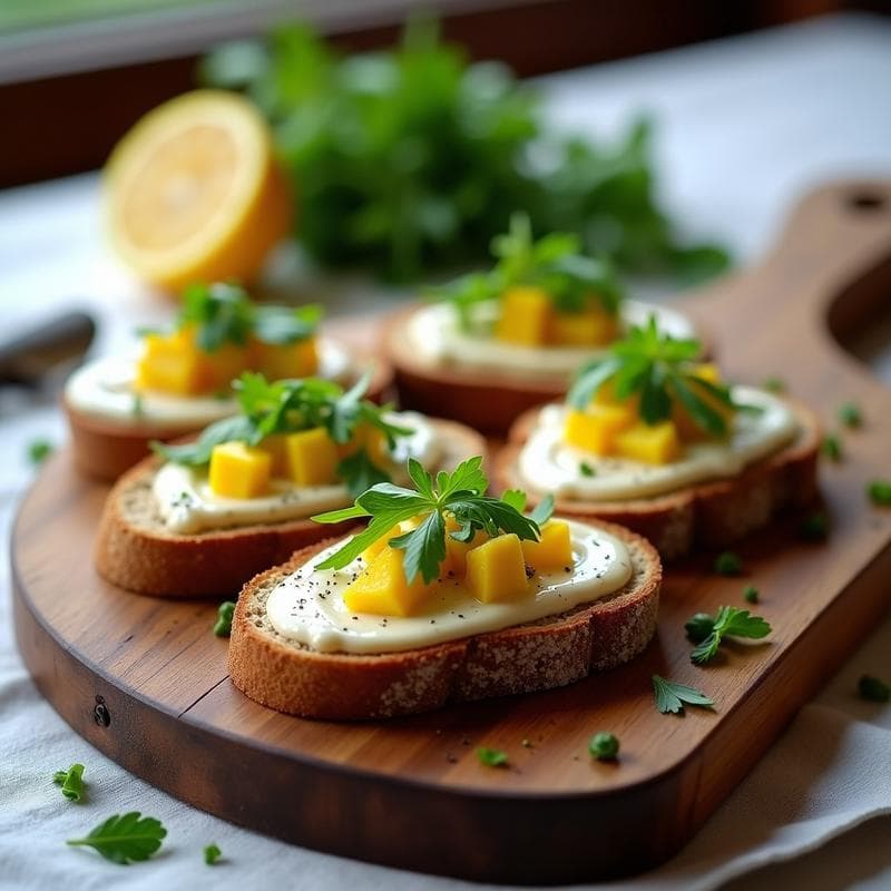 Tostadas doradas de pan de centeno con una crema espesa de anchoas y trocitos de limón confitado, decoradas con rúcula y perejil fresco sobre una tabla de madera rústica, aperitivo danés tradicional.