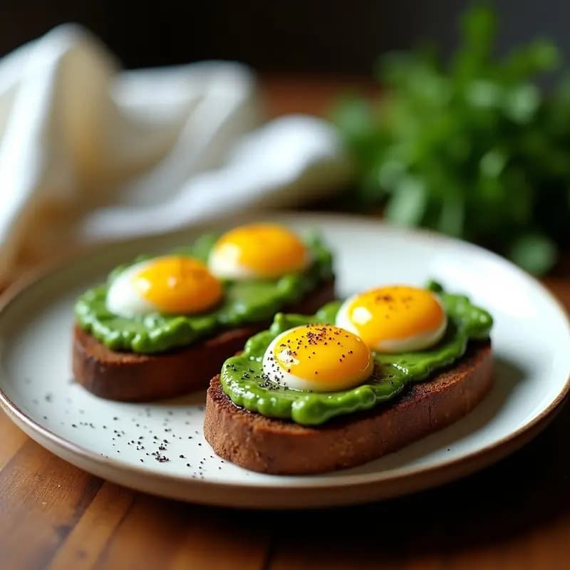 Tostadas doradas de pan de centeno con una capa verde de puré de berros, coronadas por huevos de codorniz fritos con yema líquida, desayuno francés alto en hierro.