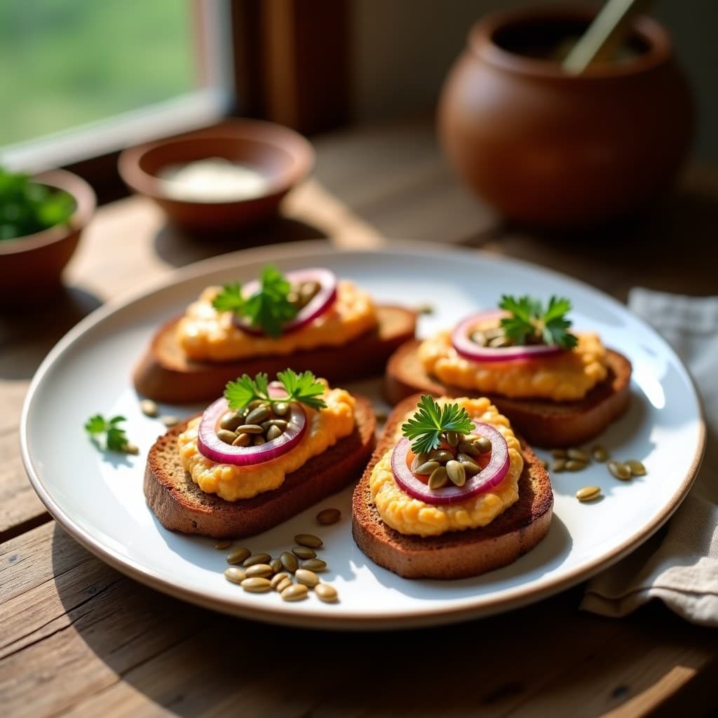 Tostadas doradas de pan de centeno con una capa generosa de puré de garbanzos ahumados, decoradas con cebolla morada en juliana, perejil fresco y pipas de girasol. Plato vegano para tupper con pimentón de la Vera.
