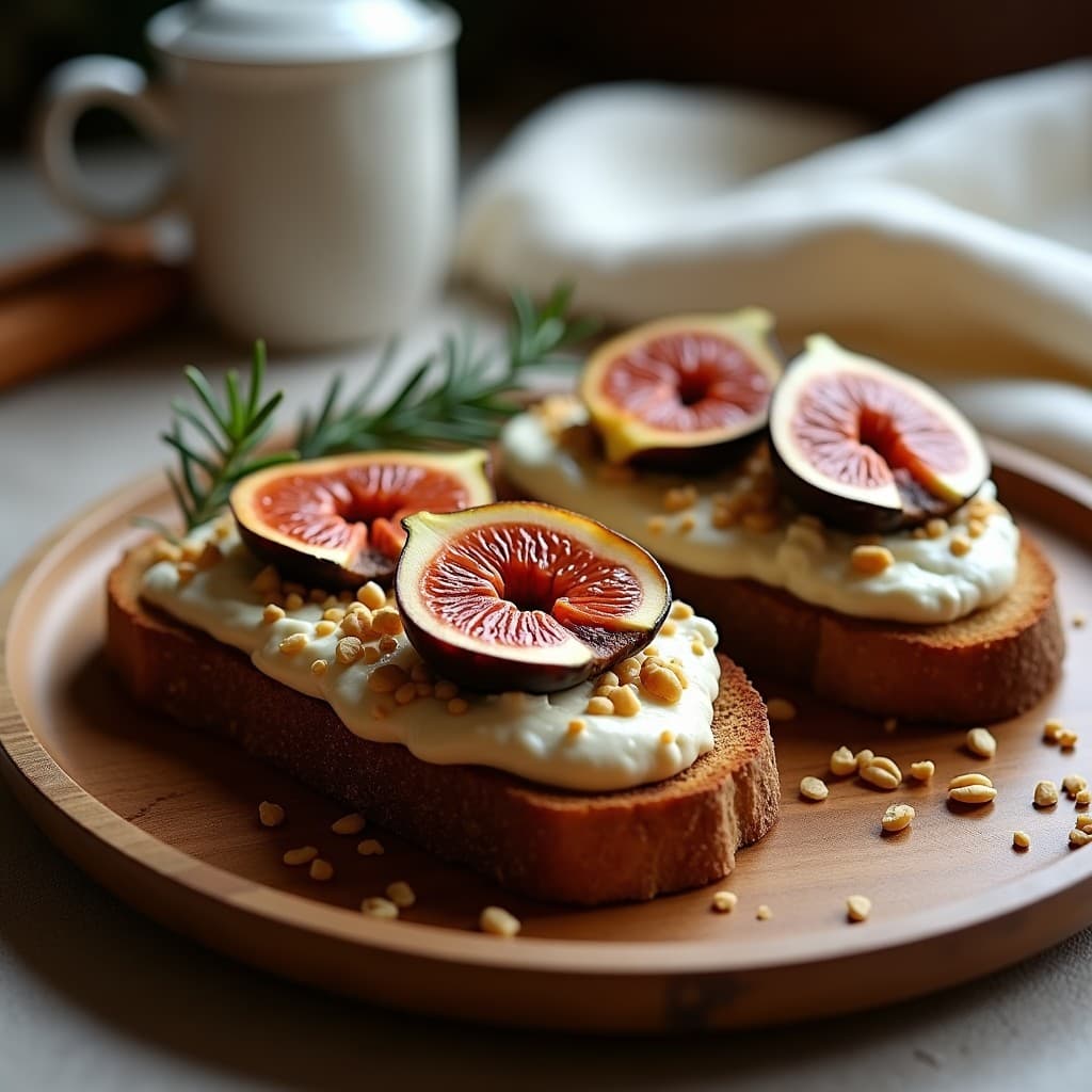 Tostadas doradas de pan de centeno con una capa cremosa de ricotta, higos asados caramelizados abiertos por la mitad, nueces picadas, un hilo de miel y un chorrito de vinagre balsámico glacé sobre un plato rústico de madera, con hojas de romero fresco como decoración.