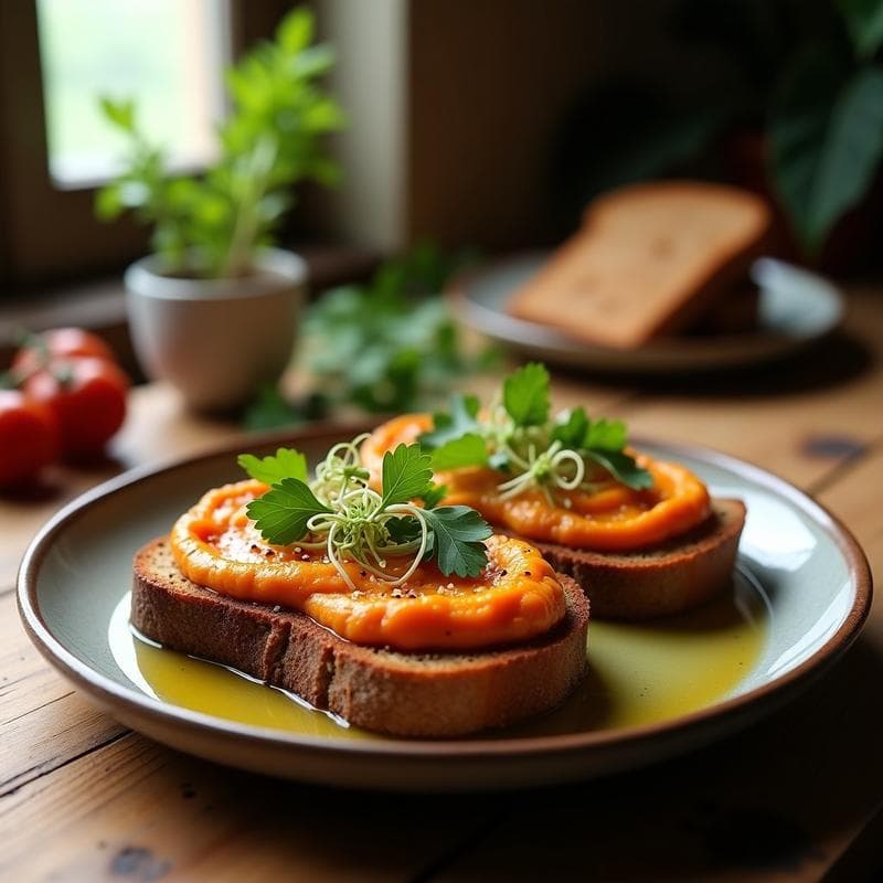 Tostadas doradas de pan de centeno con una capa cremosa de hummus de lentejas rojas, coronadas con germinados verdes frescos y un hilo de aceite de oliva virgen extra. Plato de desayuno proteico saludable y colorido.