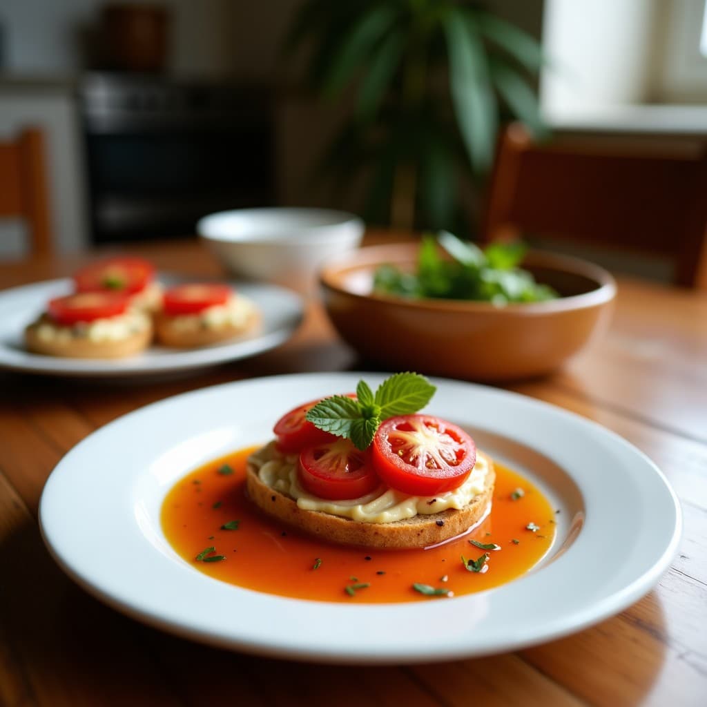 Tostadas doradas de pan de centeno bajo en carbohidratos con una capa generosa de paté oscuro de aceitunas Kalamata y trocitos de tomates secos, decoradas con hojas de albahaca fresca y un hilo de aceite de oliva virgen extra sobre un plato de madera rústica, aperitivo mediterráneo keto.