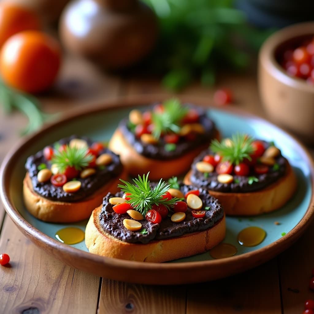 Tostadas de pan de centeno doradas con una capa gruesa de paté de aceitunas negras vegano, decoradas con tomates cherry, rúcula y perejil fresco sobre una tabla de madera rústica. Plato típico español de aperitivo saludable.
