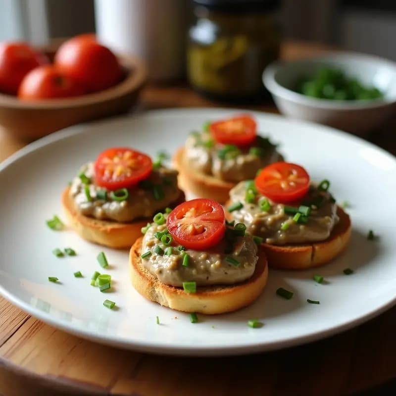Tostadas doradas de pan de centeno con paté cremoso de hongos shimeji y trufa, decoradas con almendras fileteadas y perejil fresco. Plato elegante y keto sobre fondo rústico.