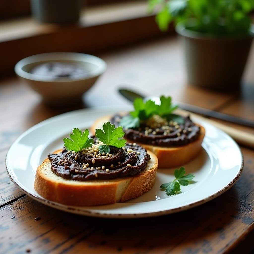 Tostadas doradas de pan de centeno bajo en carbohidratos con una generosa capa de paté cremoso de lentejas beluga, coronado con rábano picante rallado fresco, semillas de sésamo tostadas y hojas de cilantro verde. Plato de desayuno keto elegante y nutritivo sobre fondo rústico de madera.
