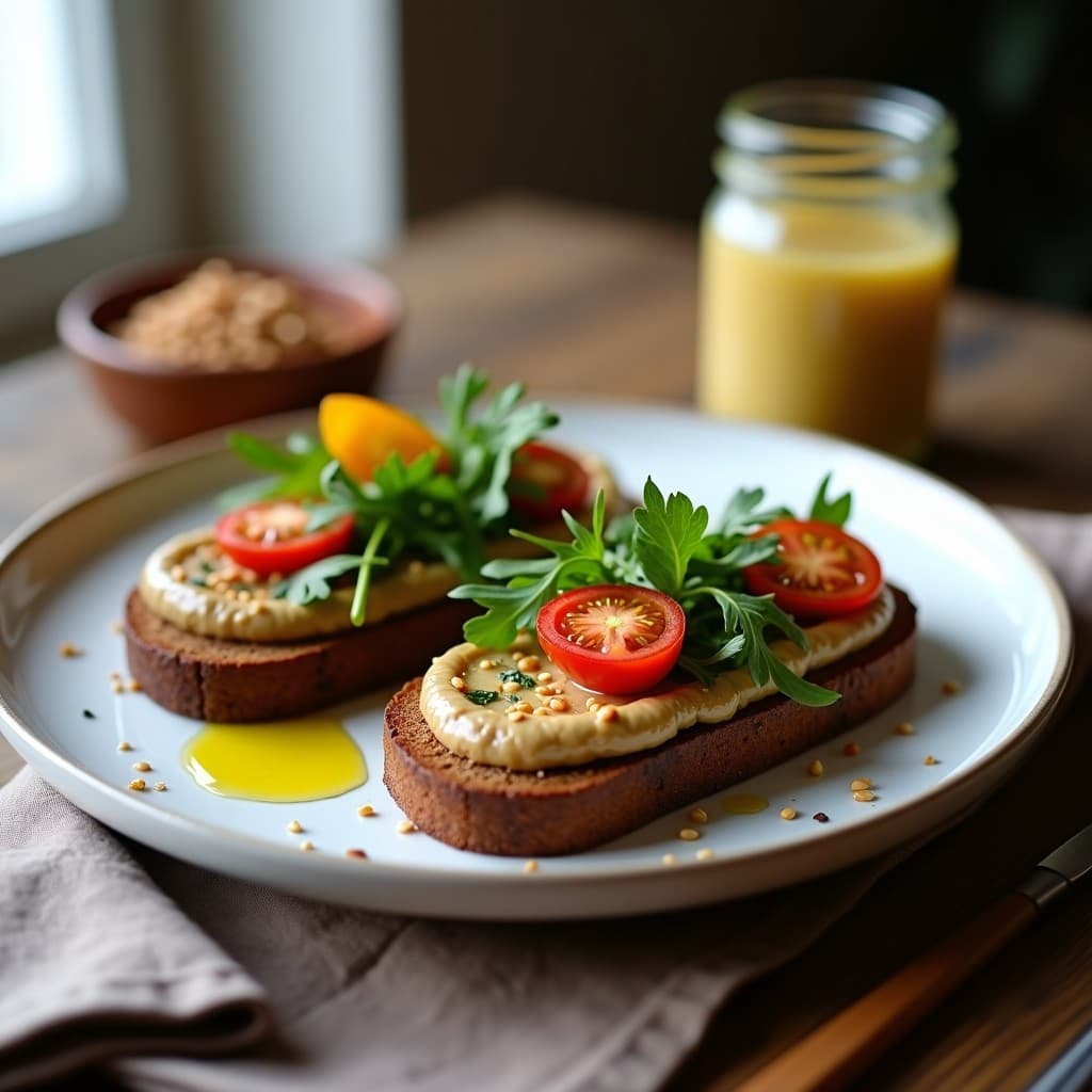 Tostadas de pan de centeno dorado con una capa generosa de paté de lentejas pardinas y mostaza de Dijon, decoradas con rúcula baby, tomates cherry y semillas de sésamo tostadas. Plato vegano europeo servido en un mantel rústico de lino.