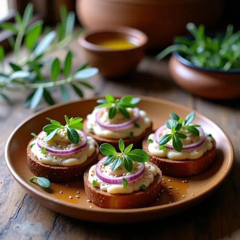 Tostadas de pan de centeno sin gluten con crema de pochas blancas, cebolla morada en juliana, hojas de rúcula fresca y semillas de sésamo tostadas, presentadas en un plato de madera rústico con fondo de cocina andaluza.