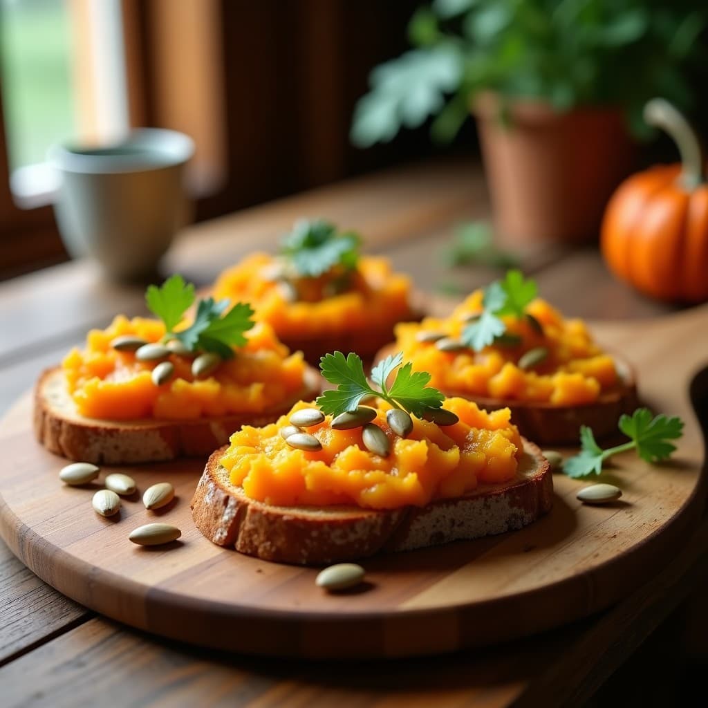 Tostadas doradas de pan de centeno sin gluten con una capa cremosa de puré de calabaza anaranjado, espolvoreadas con semillas de calabaza tostadas y decoradas con hojas de rúcula fresca, desayuno sin gluten sobre una tabla de madera rústica.