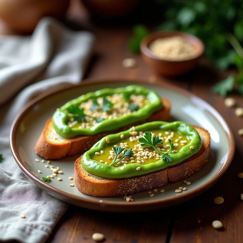 Tostadas doradas de pan de centeno con una capa cremosa de puré de guisantes verde brillante, rociadas con aceite de trufa negra y decoradas con semillas de sésamo y perejil fresco. Plato elegante sobre fondo rústico de madera.