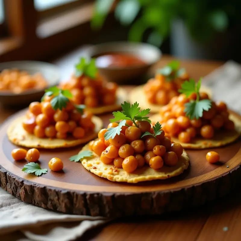 Tostadas doradas de chapati crujiente con una generosa capa de masala de garbanzo especiado, coronadas con chutney de tamarindo brillante y semillas de sésamo, servidas en un plato de madera rústica con hierbas frescas al lado.