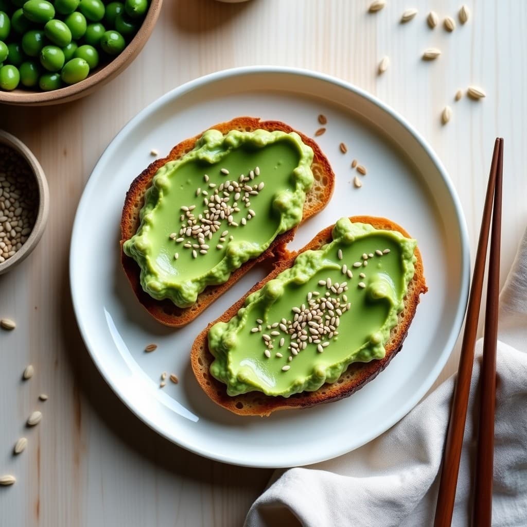 Tostadas doradas de pan de semillas de chía con una capa cremosa de puré de edamame verde, rábano daikon rallado blanco, semillas de sésamo negro y algas nori espolvoreadas, servidas en un plato de cerámica japonesa sobre fondo de madera clara.
